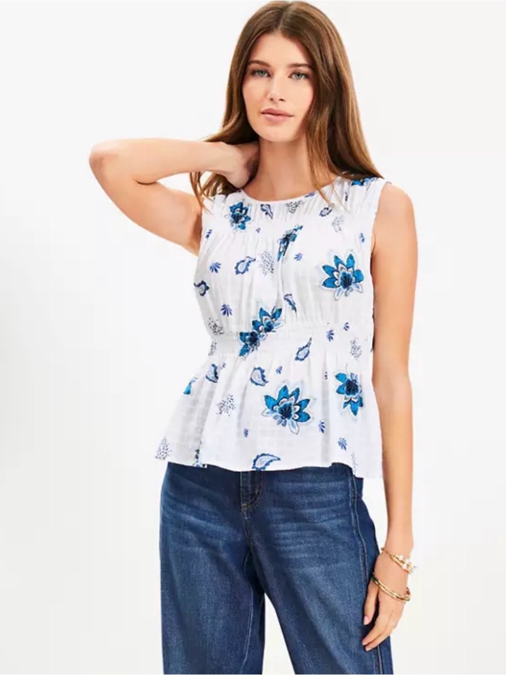 Ann Taylor LOFT Paisley Plaid Smocked Peplum Top in‎ White & Blue Size XL NWT